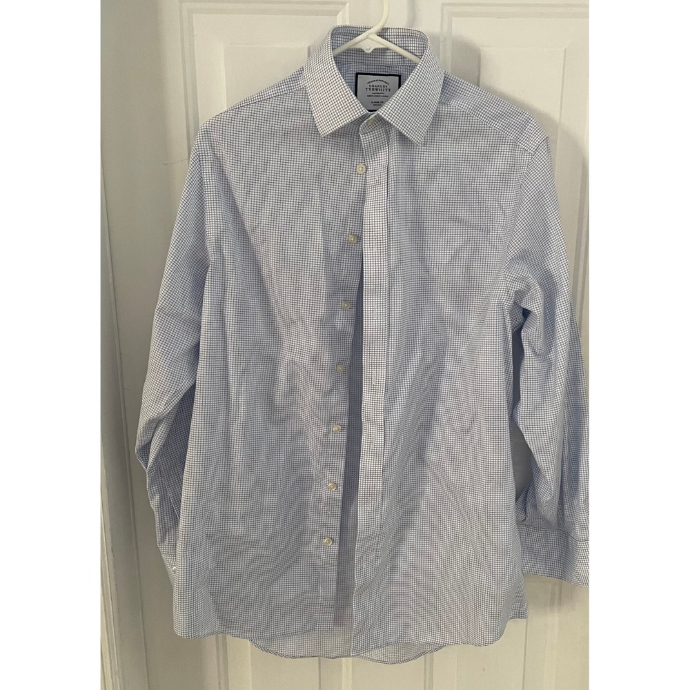 Charles Tyrwhitt Mens Classic Fit Non-Iron Blue White Tattersall Shirt 15/33